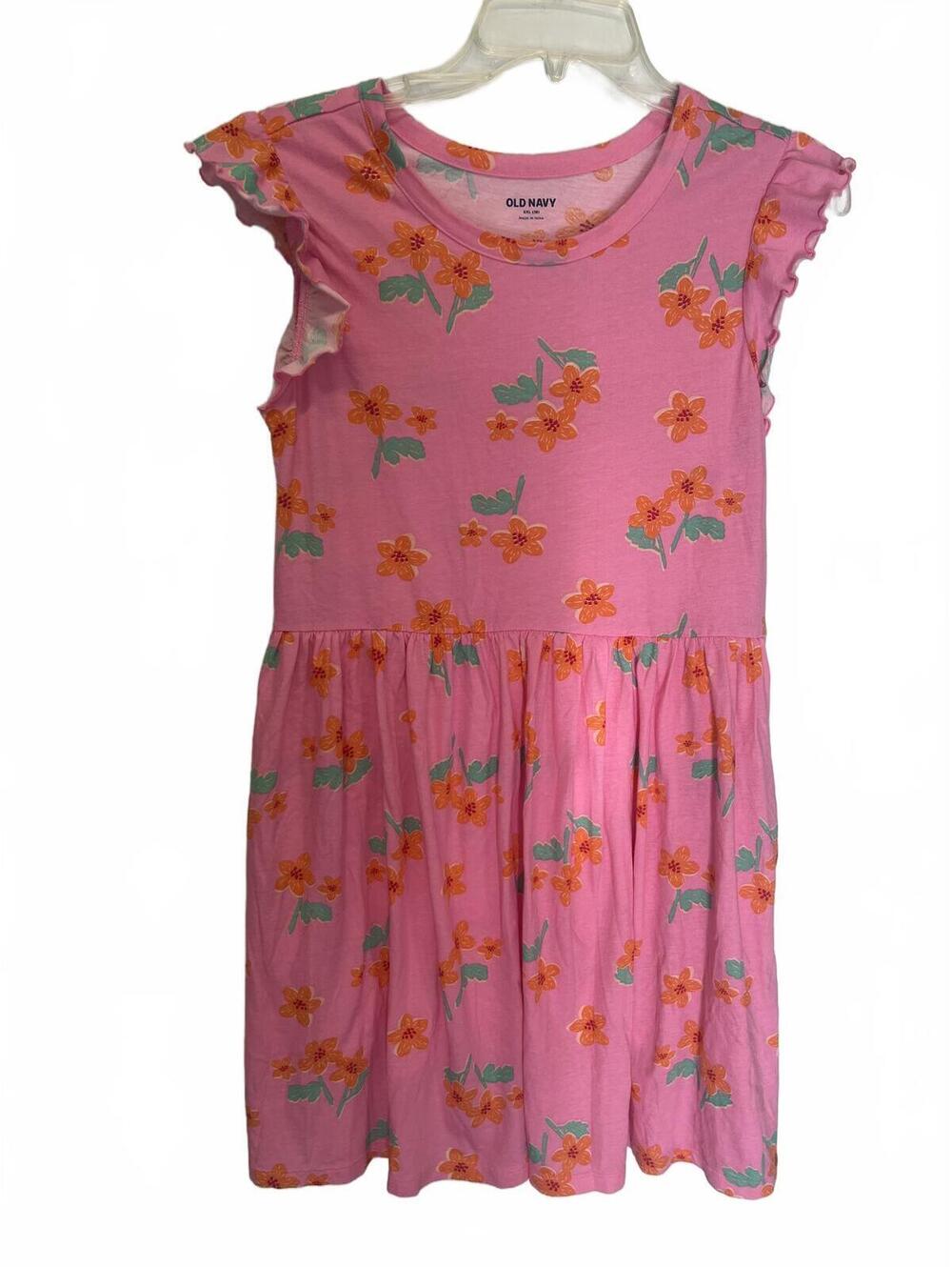 Girls Floral A-Line Dress XXL (18) Pink and Orange Flutter Sleeve Old Navy EUC